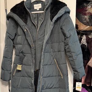 Cole Haan Women's Blue Puffer Jacket with Fur Trim